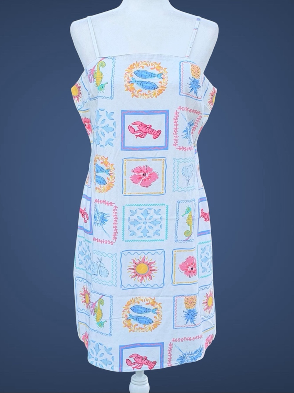 Japna Coastal Print Linen Blend Spaghetti Strap Mini Shift Dress ~ Women’s M